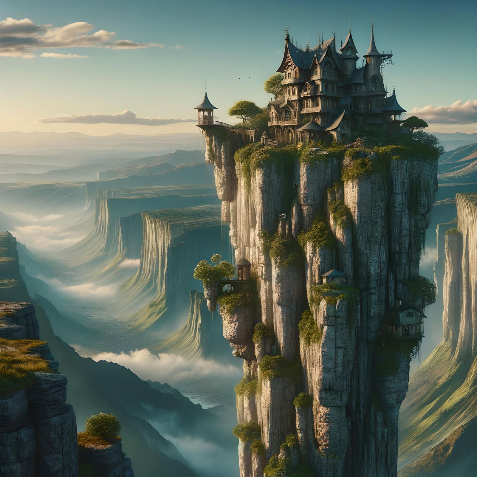 Fantasy house perched on edge of cliff,  High contrast, high black point, bright colors, hyperdetailed, hyperdetailed, l...