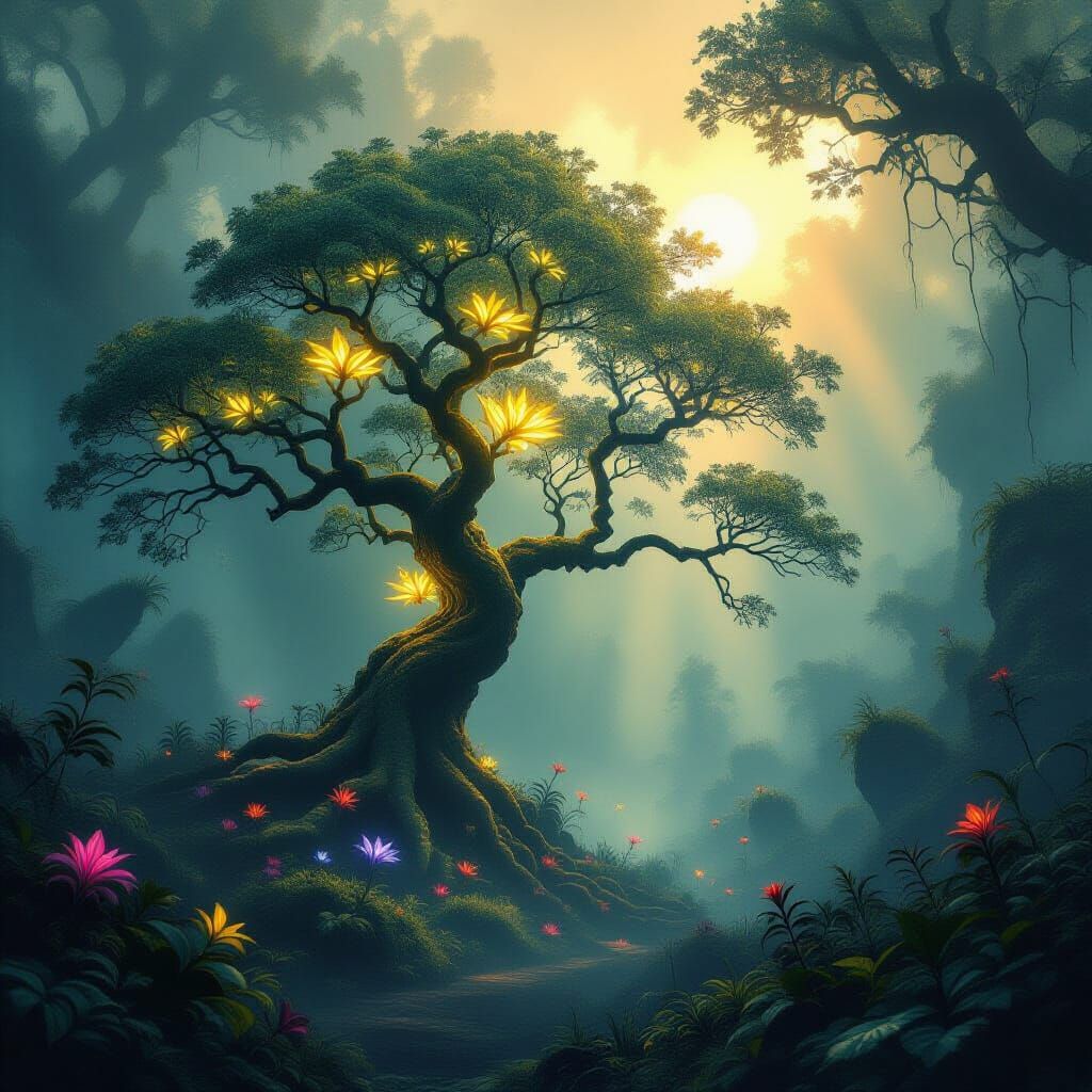 Ancient Bioluminescent Tree in Misty Alien Forest