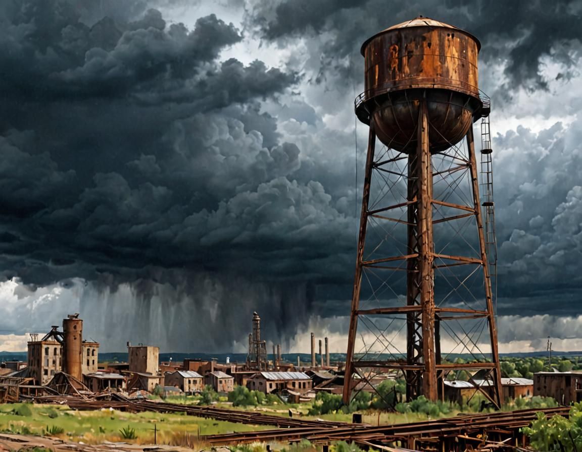Ominous Oil Painting of Decaying Industrial Wasteland