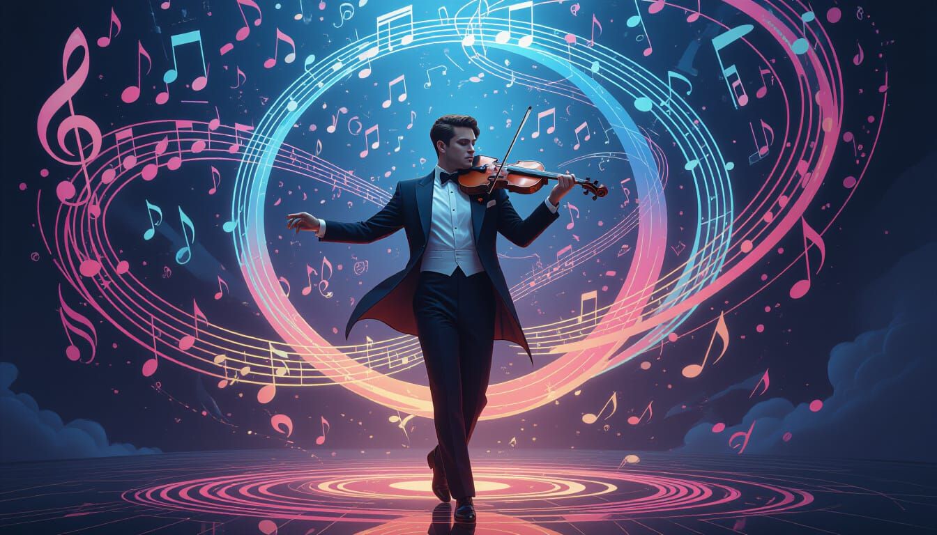 Musician Surrounded by Dancing Music Elements in Hyperrealis...