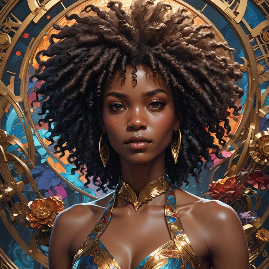 Detailed Afro Portrait by Artgerm, Rutkowski, and Mucha