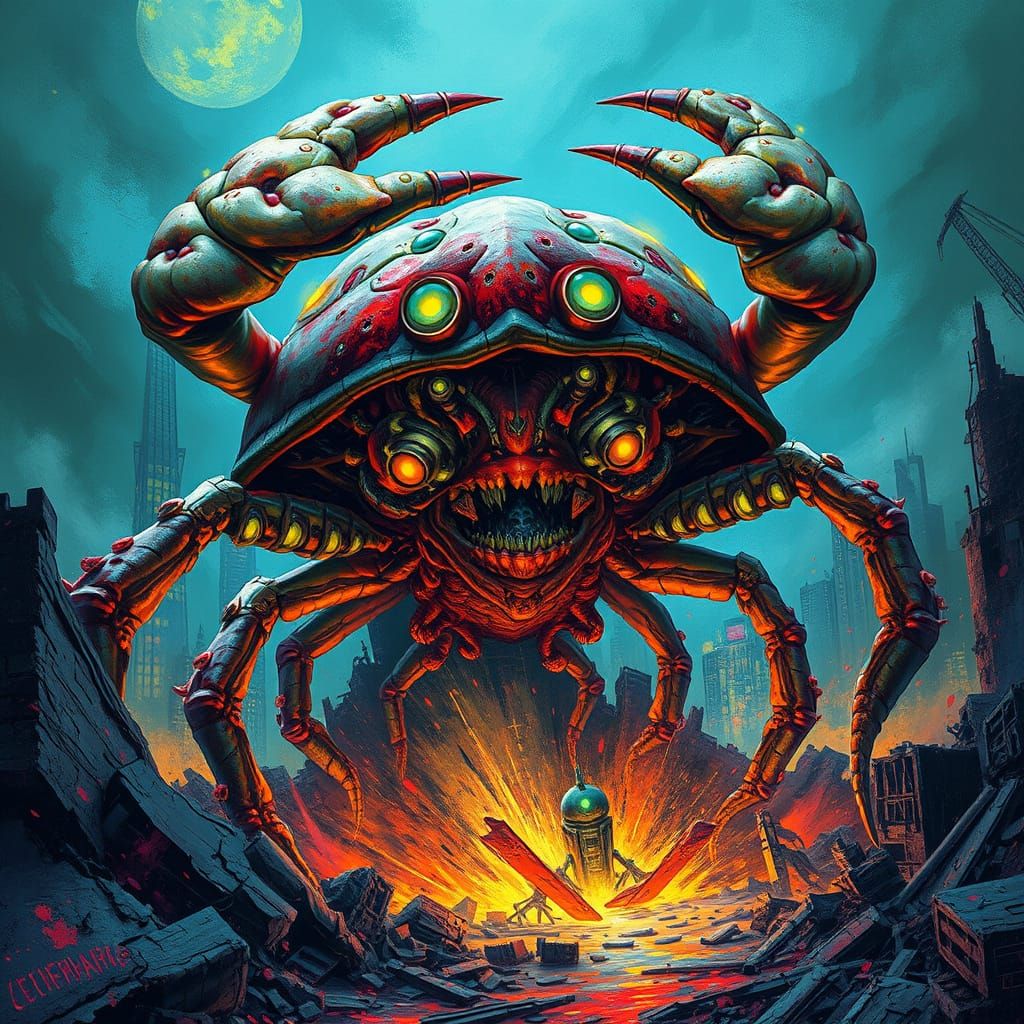 Glowing, Mutant Space Crab Emerges from Cyberpunk Ruins