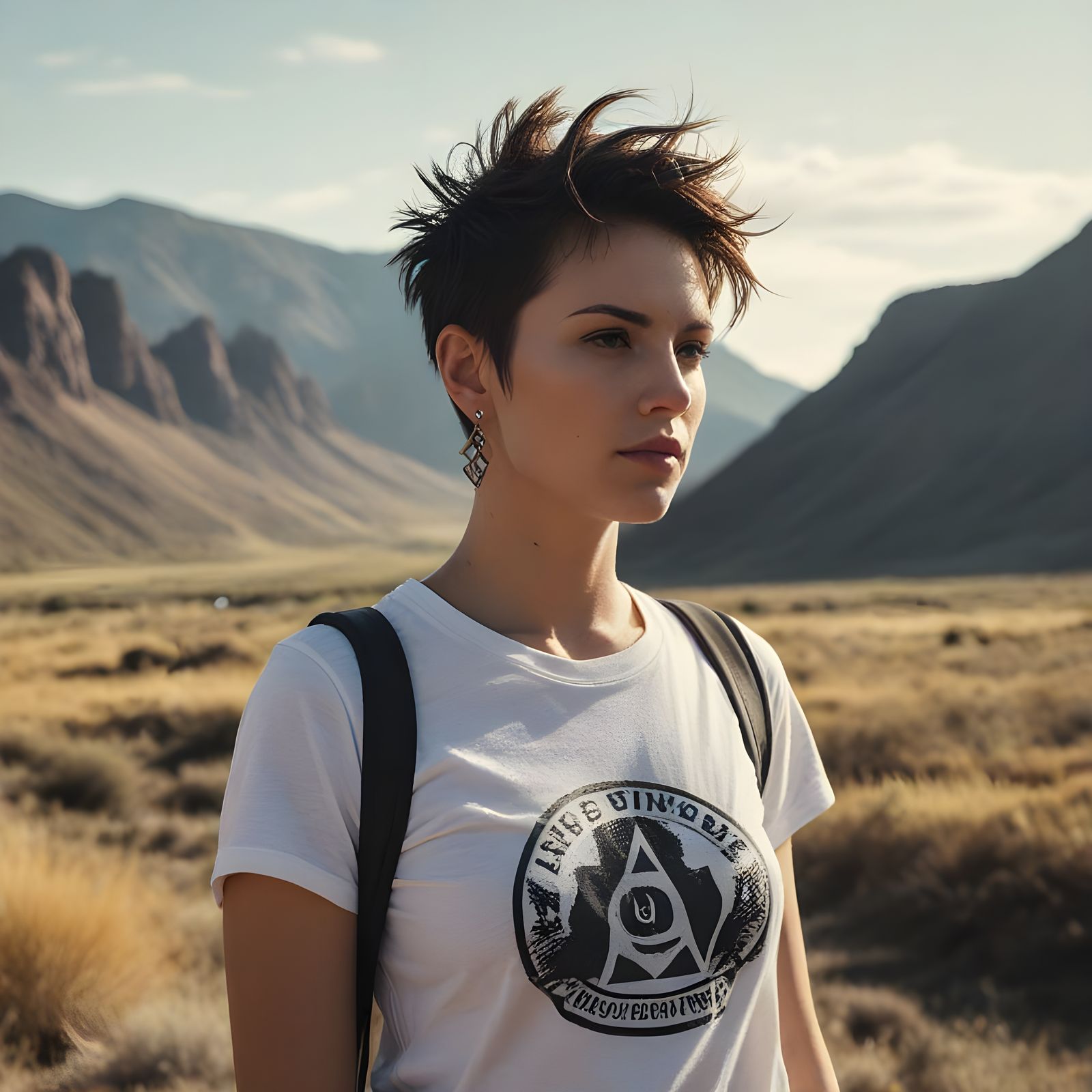 Girl in Epic Drama Setting under Sunlit Valley Sky