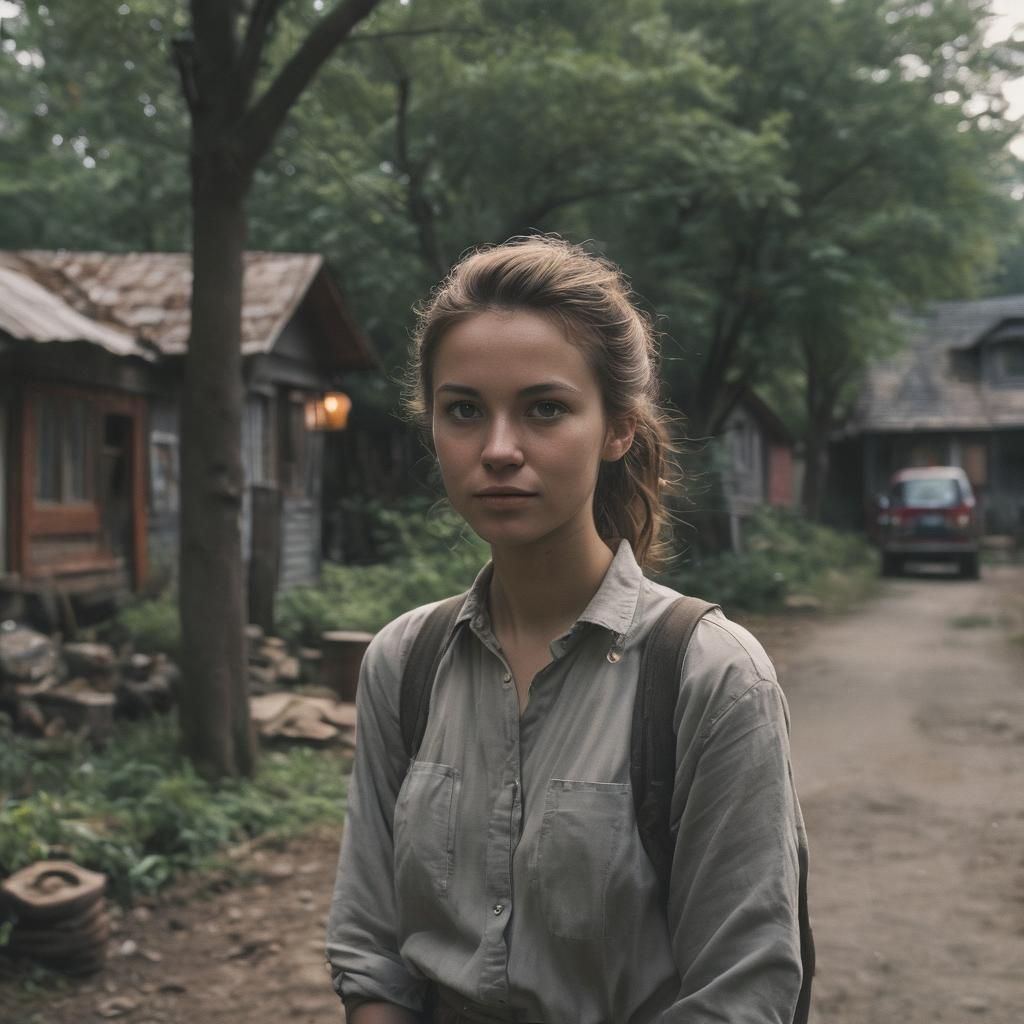 Cinematic Village Scene with Film Grain