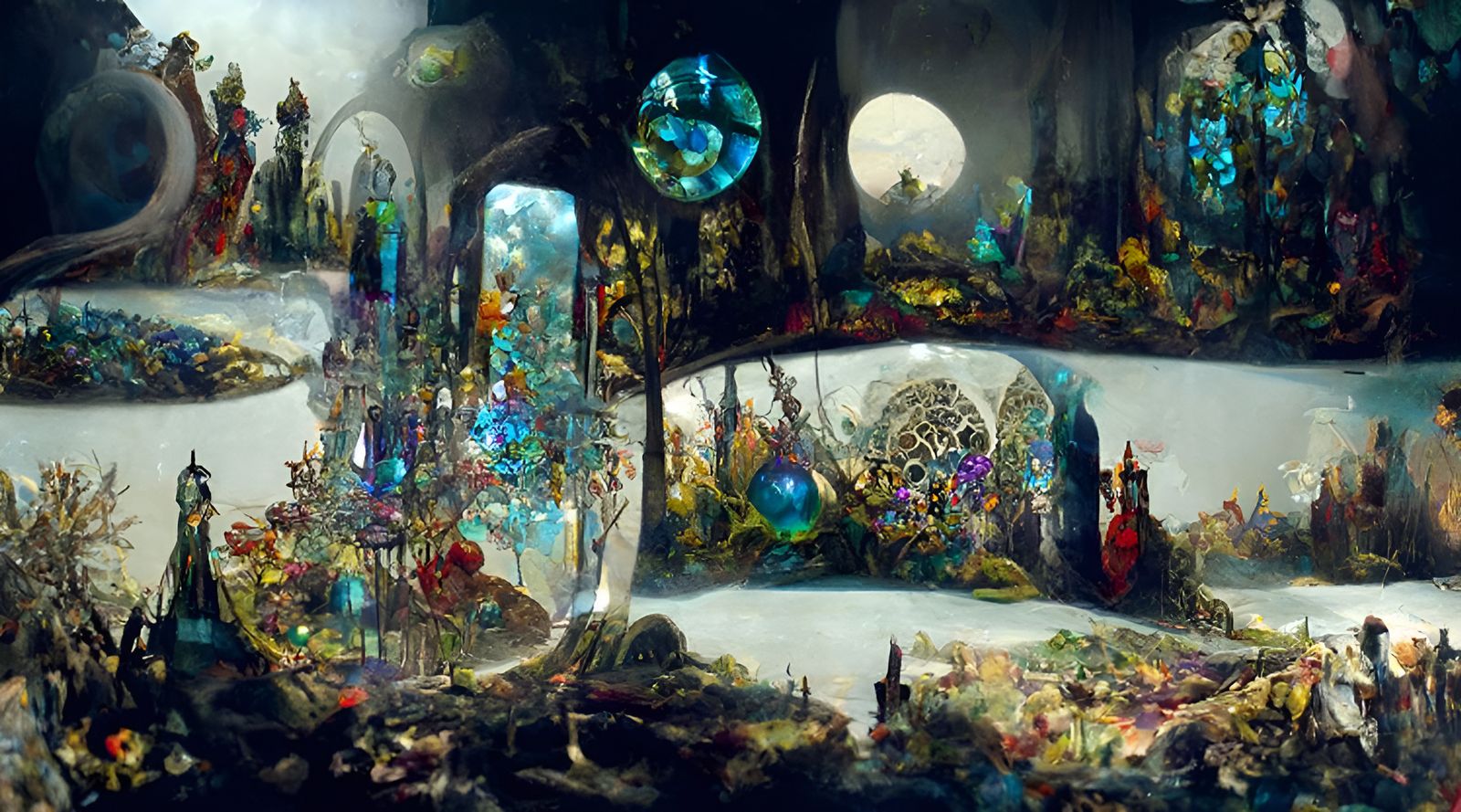 Alice in Wonderland Landscape in Stained Glass Style