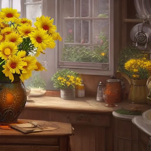 Yellow Daisies in Homely Kitchen: Detailed Matte Painting