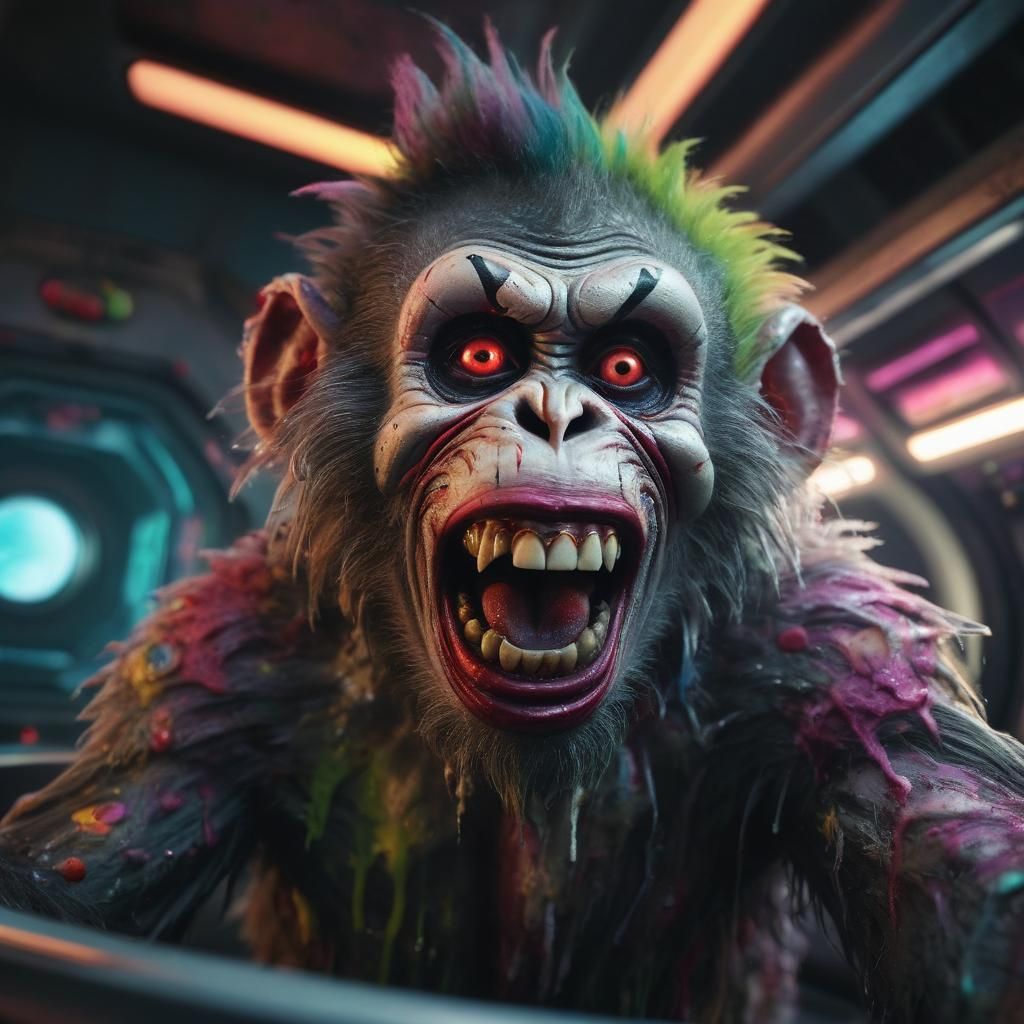 Zombie Monkey Clown Grinning in Spaceship Washer