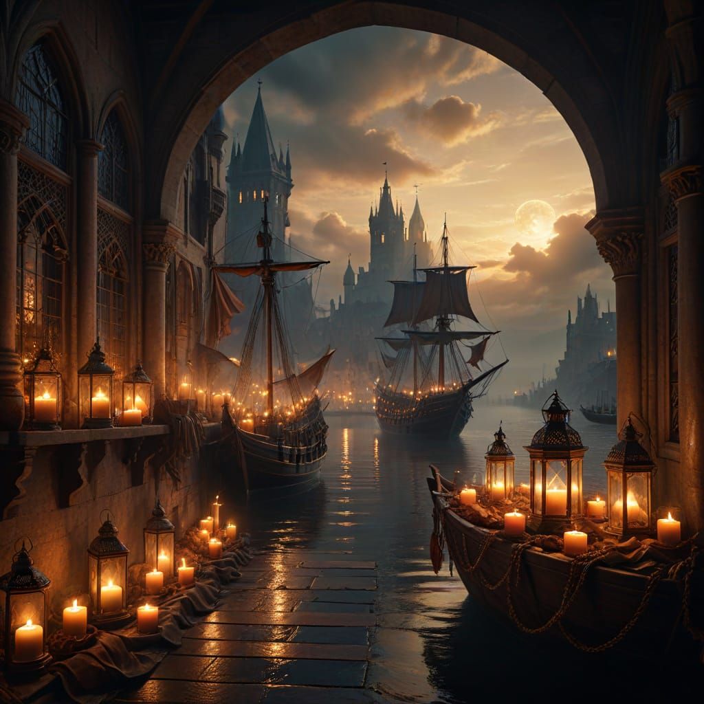 Medieval Port City at Sunset in Gothic Style