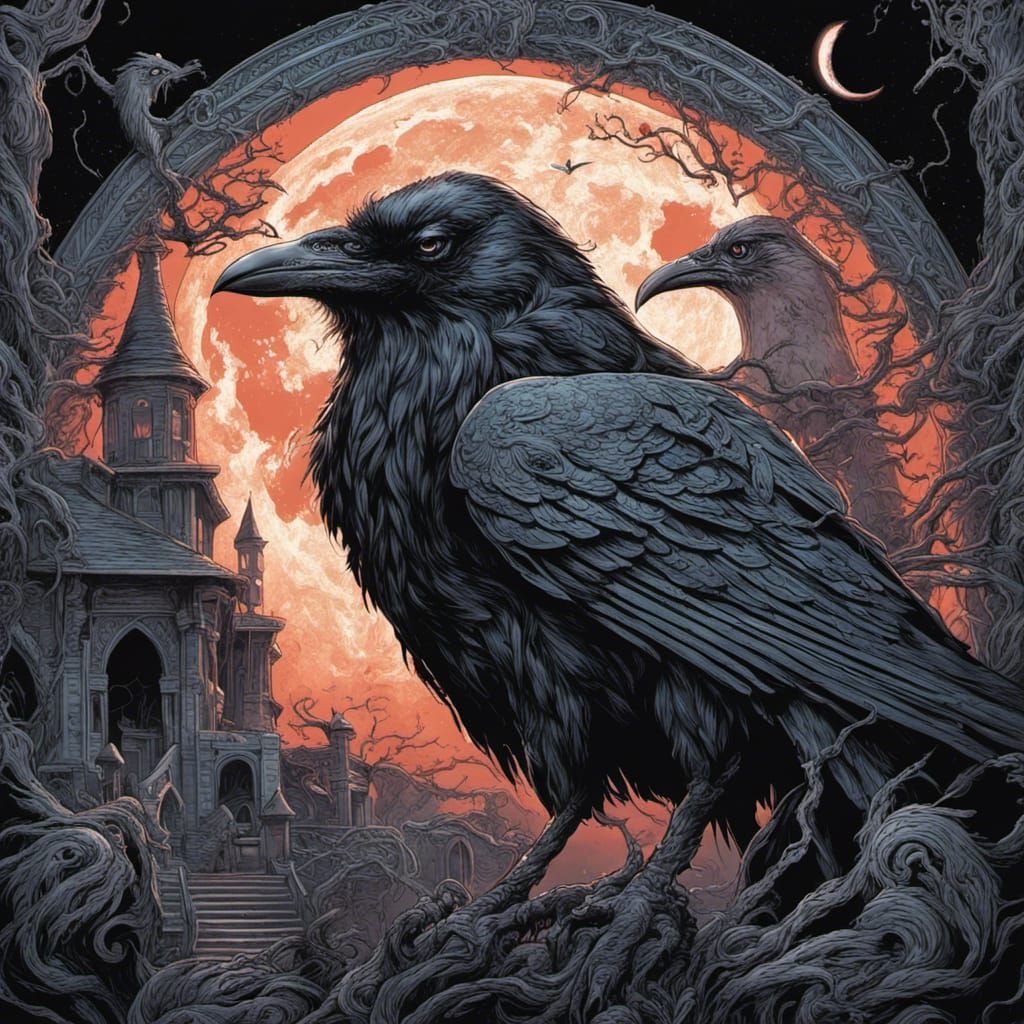 Eldritch Raven Eyes Under Full Moon: Comic Book Art