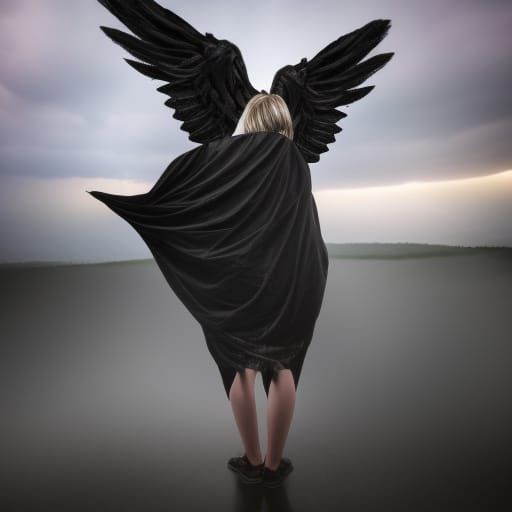 Teen with Black Angel Wings in Ruined Chapel