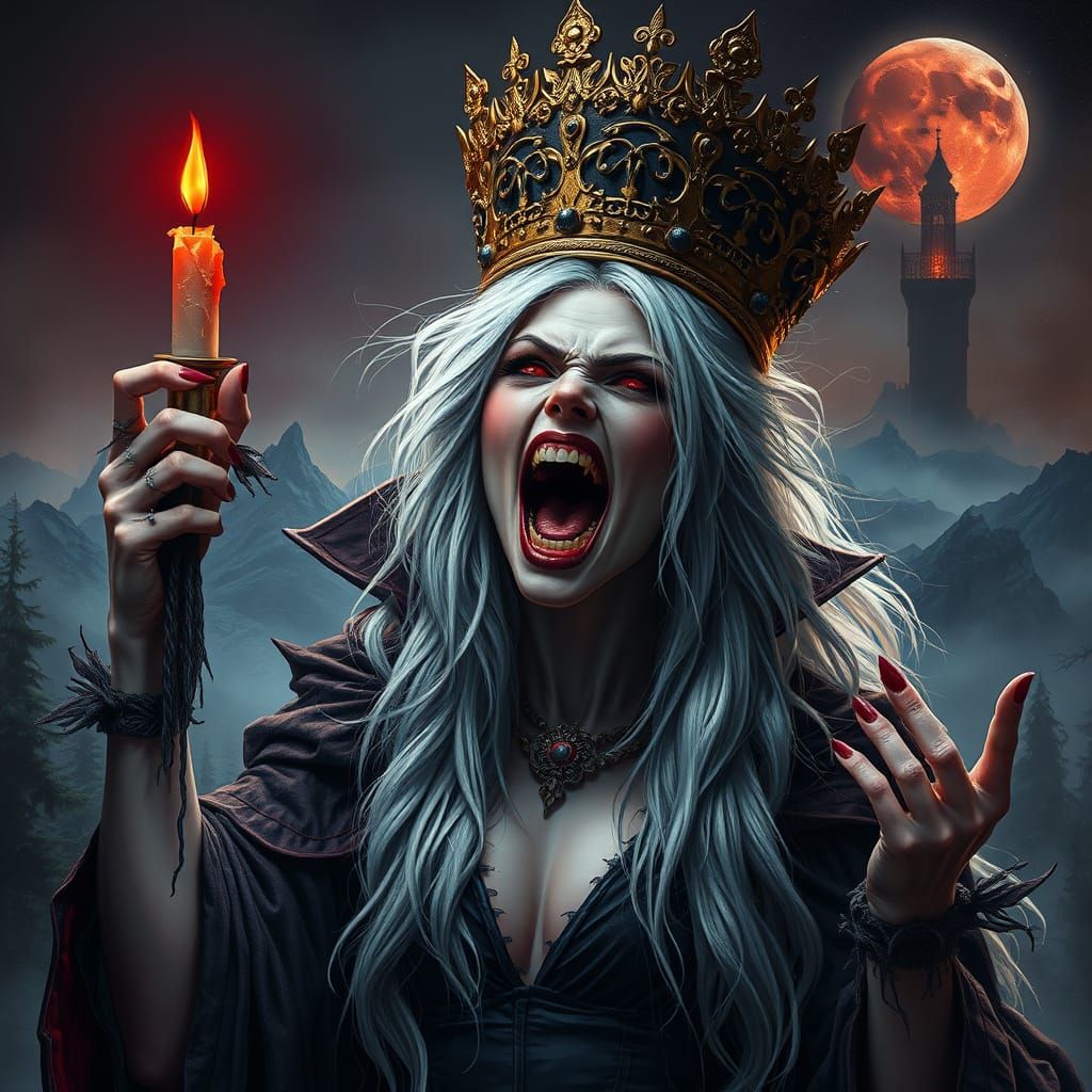 Malevolent Vampire Queen Scream of Fury with Candle