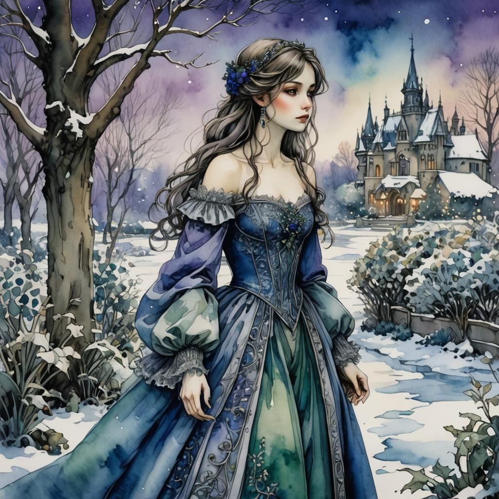 Girl in Winter Garden, Arthur Rackham Style