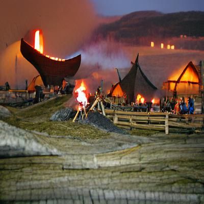 Viking Village at Night with Bonfire