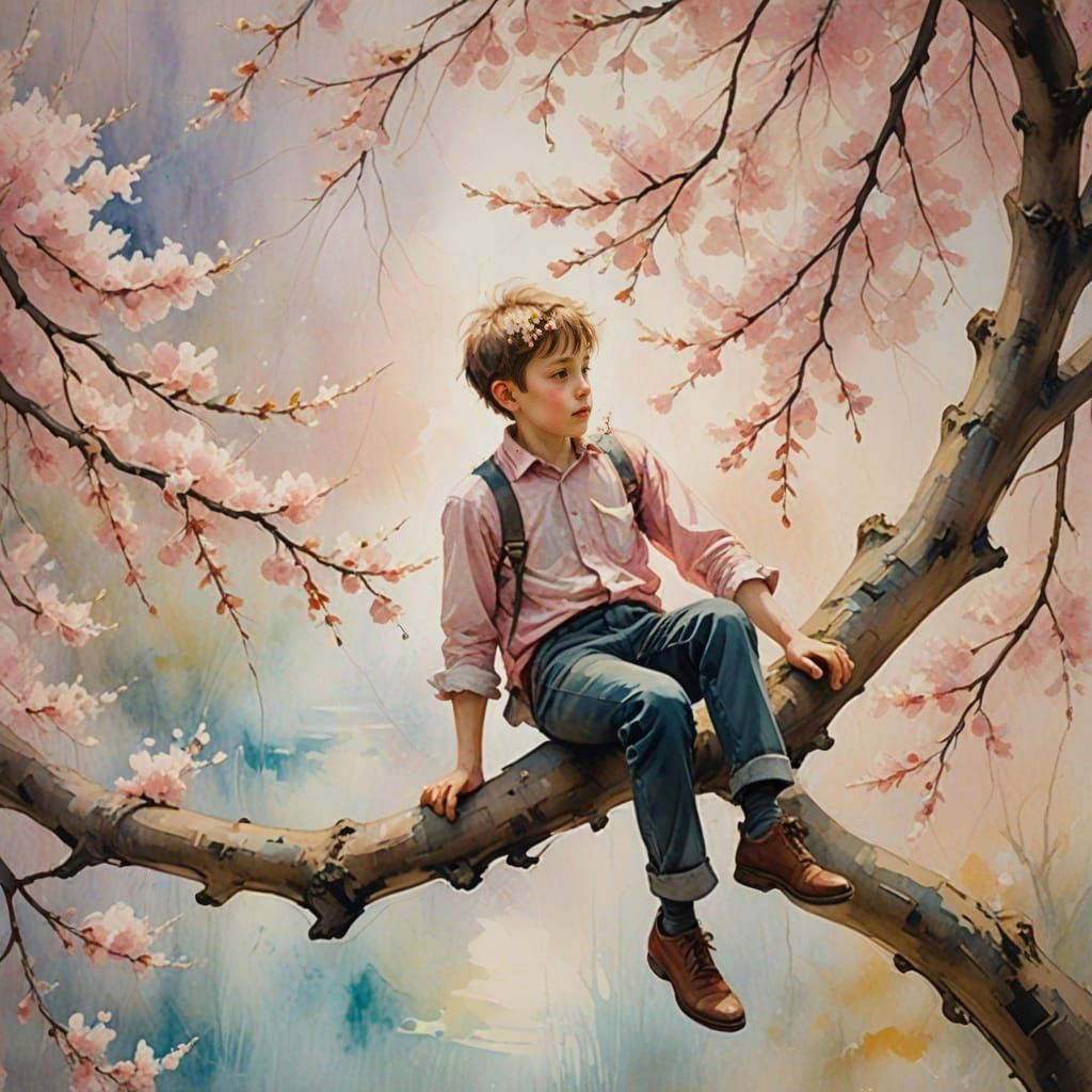 Ethereal Young Boy Sways in Blossoming Tree