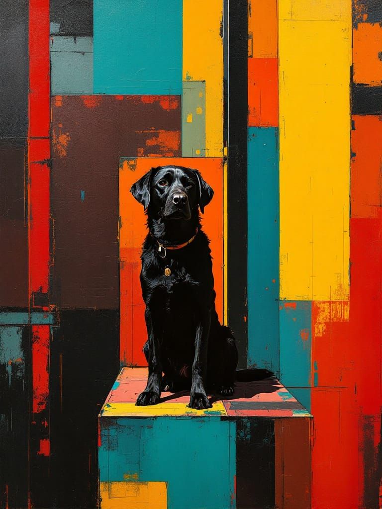 Dog Poses Amidst Geometric Color Blocks and Bold Lines