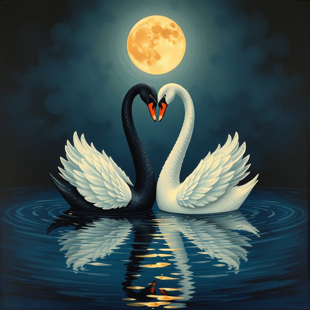 Moonlit Swan Hearts in Art Nouveau Style