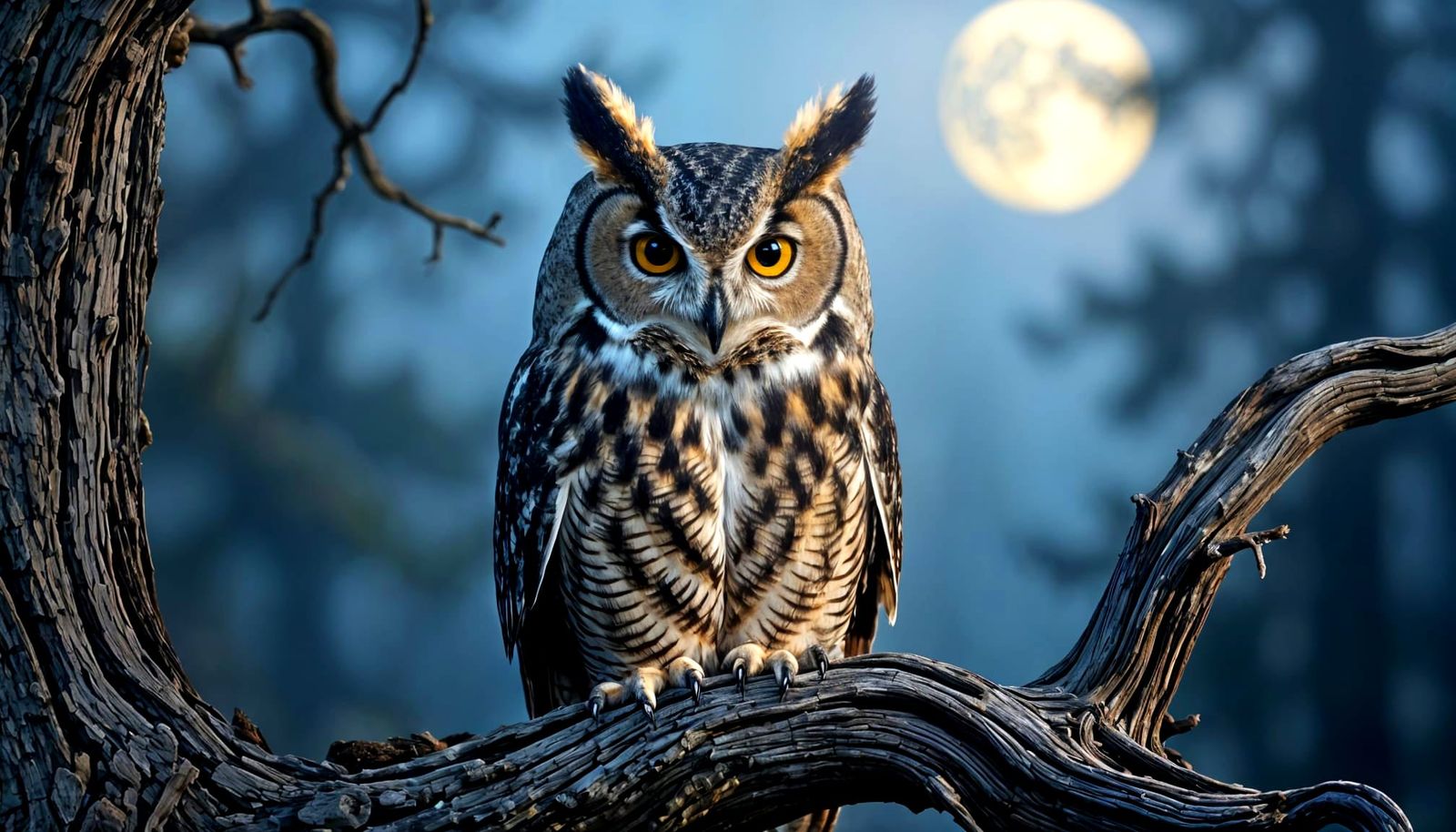 A Great Horned Owl sitting on a tree branch.  Ultra-realisti...