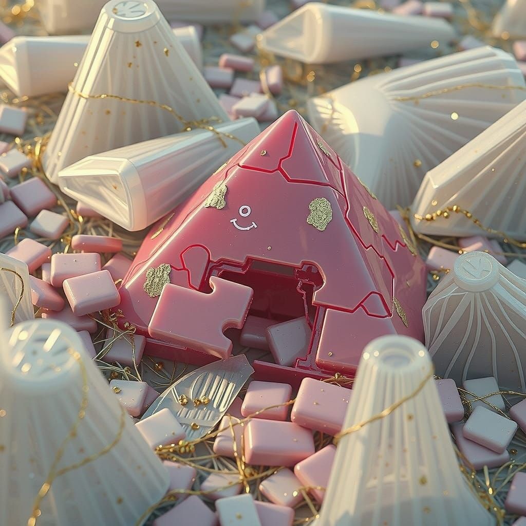 Surreal Pink Pyramid Crumbling into Plastic Meadow