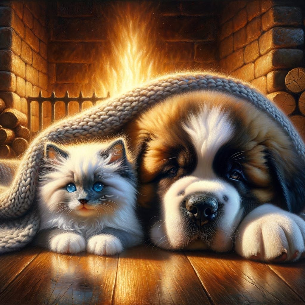 Cozy Cabin Scene with Kitten and Puppy by the Fire