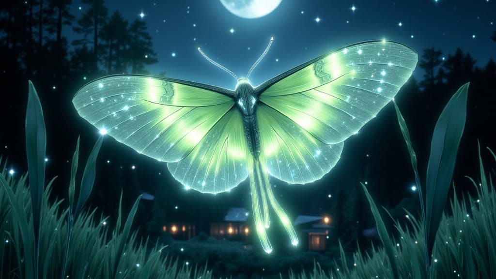 Glowing Luna Moth in Moonlit Japanese Garden