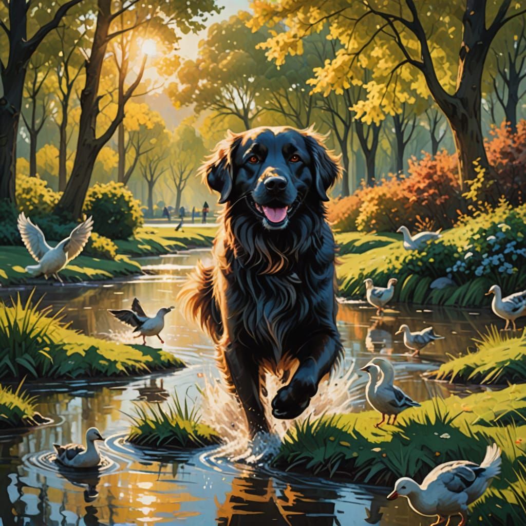 Golden Retriever Chases Geese in a Vibrant Park Scene