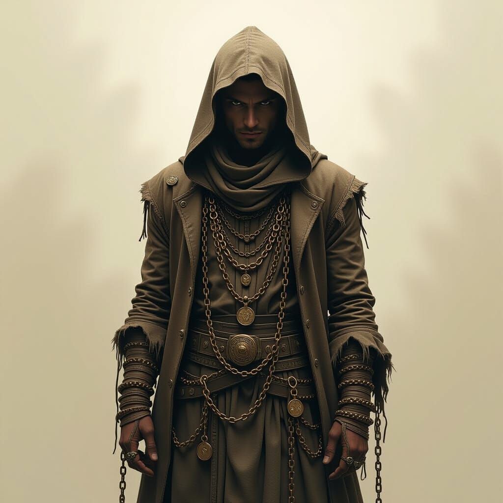 Mysterious Figure Adorned with Chained Names