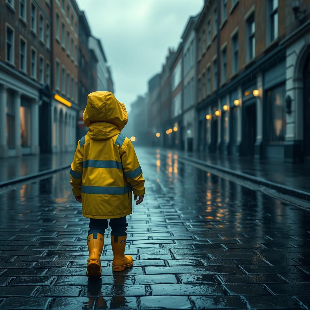 Boy in Yellow Raincoat Walks in Rain
