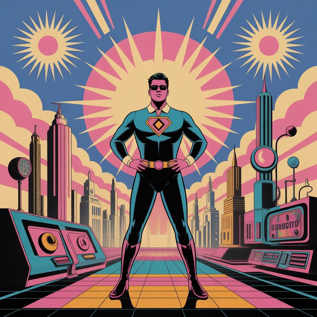 Multicolor Atompunk Superhero in Retro-Futuristic City