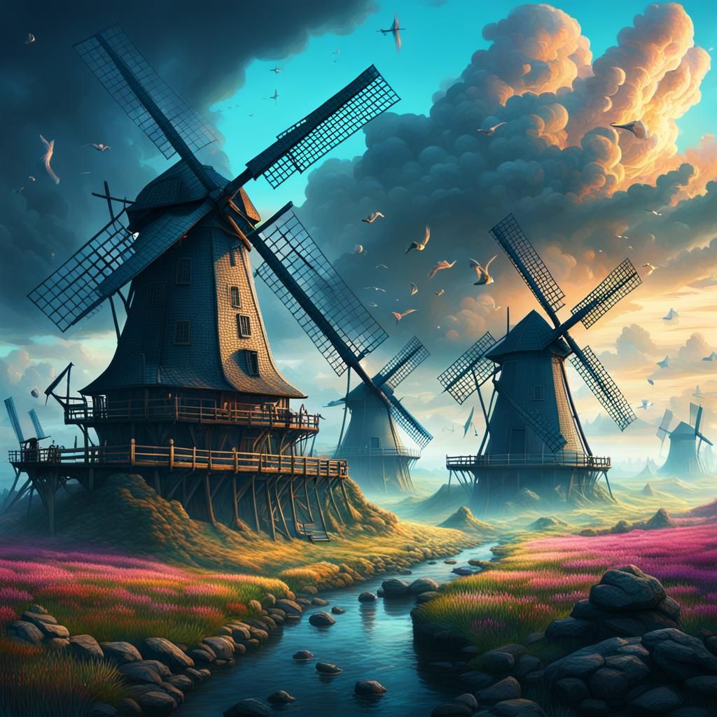 Fantasy Windmills in Psychedelic Digital Painting