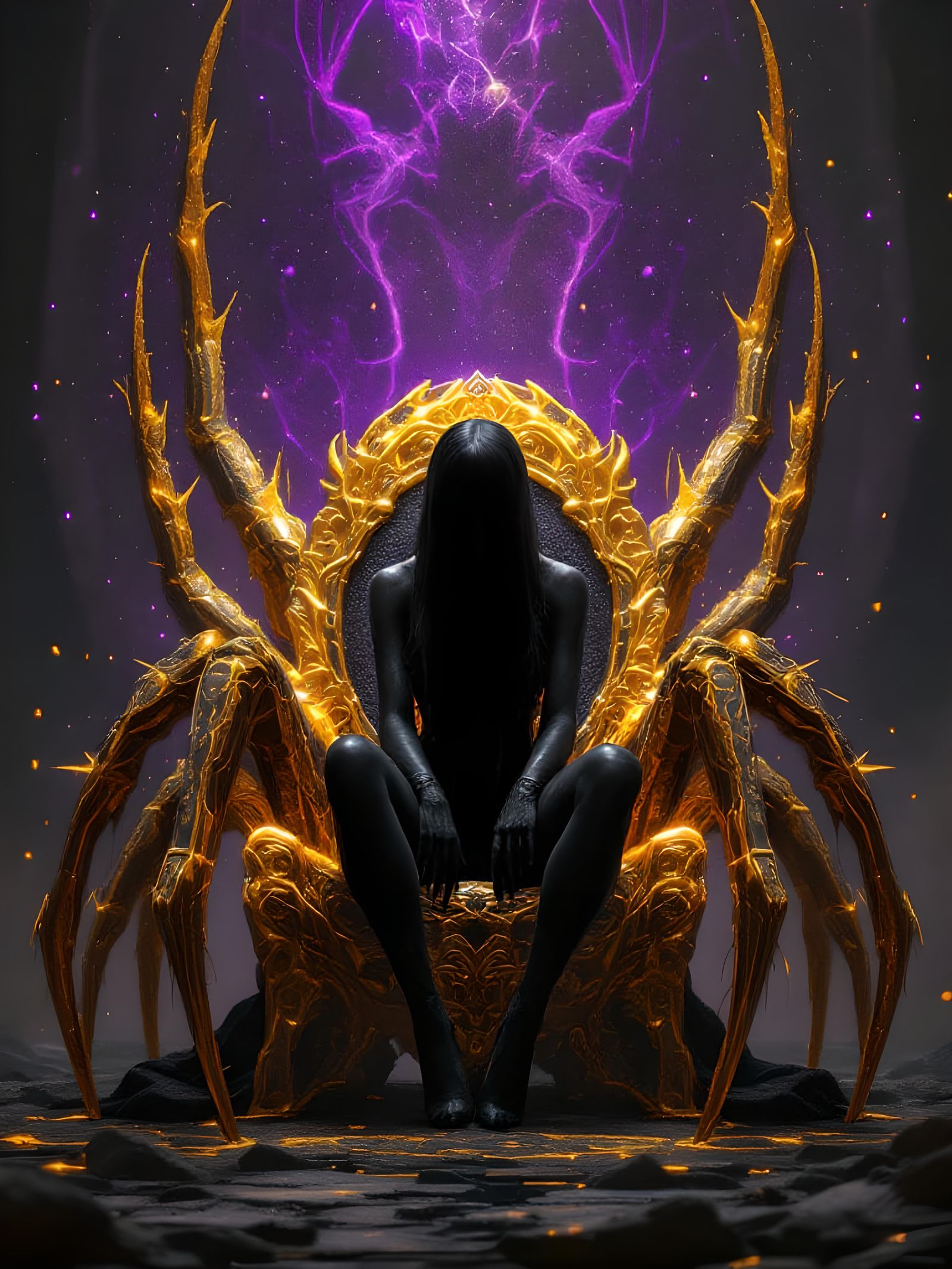 Spider Woman on Golden Chair: Dark Fantasy Art