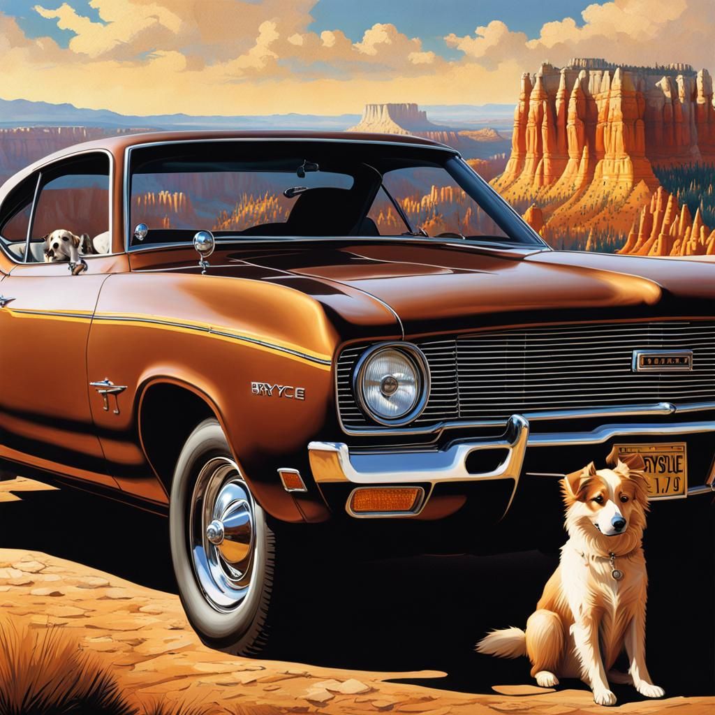 Western Woman and Dog with Muscle Car, Painterly Style
