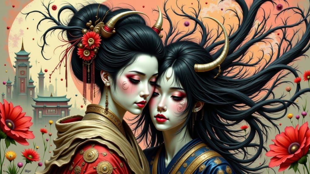 Geisha and Samurai Ghost Embrace in Dystopian Art Deco
