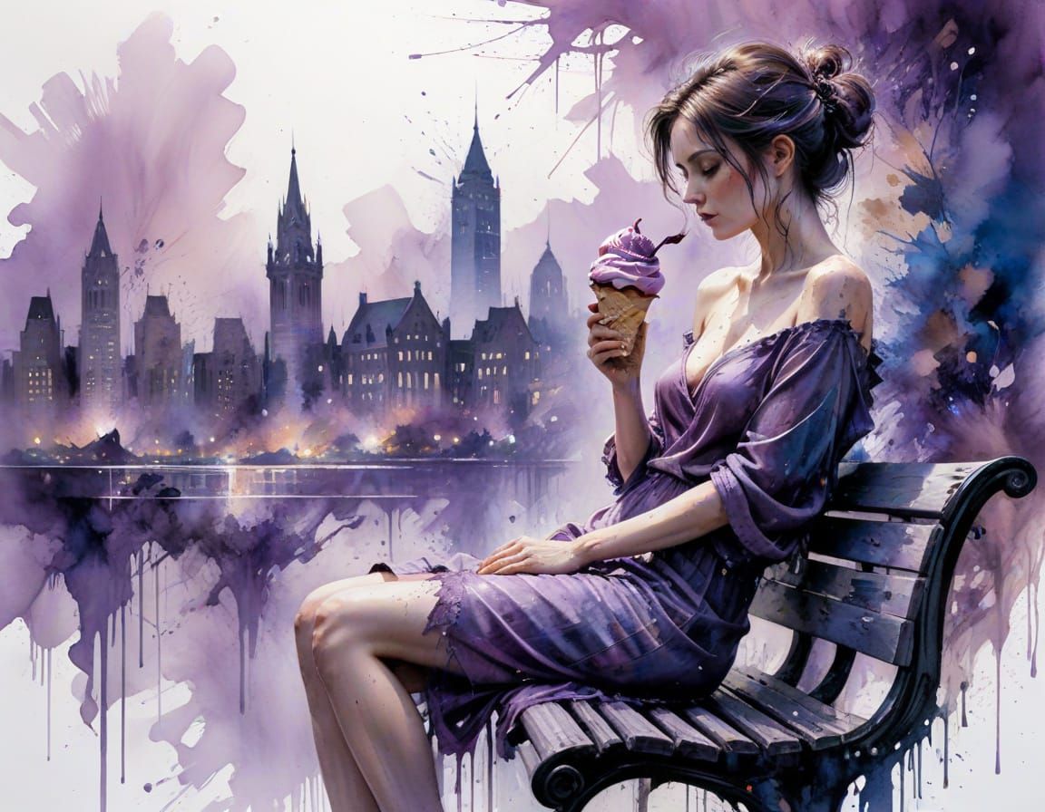 Watercolor Solitude: Evening Ice Cream Reverie