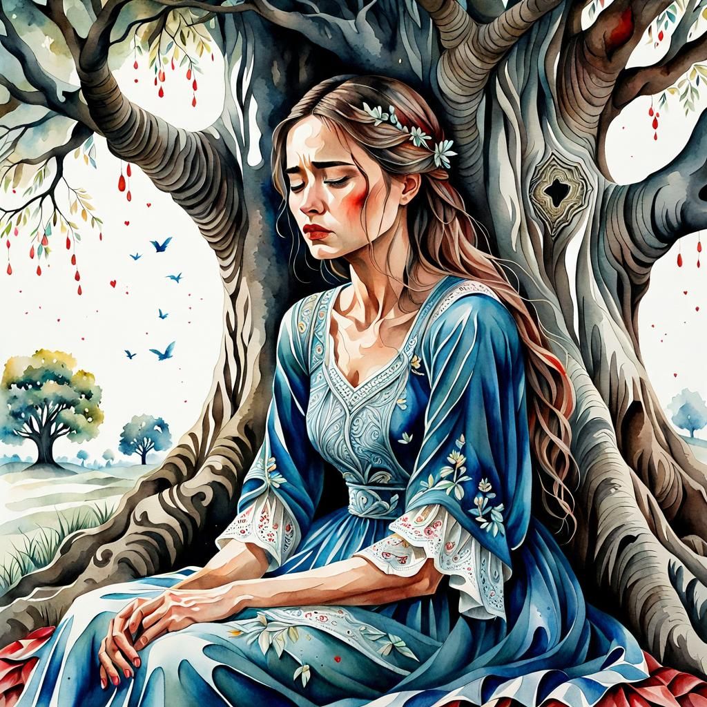 Melancholy Watercolor: Woman Mourns Dying Love