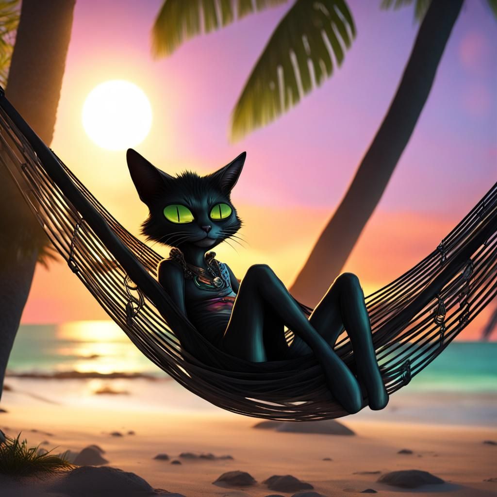 Alien отдыхает in Hammock at Sunset, Cyberpunk Style