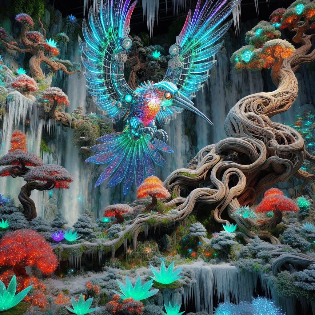 Mechanical Hummingbird Dancing in Frosty Heavens