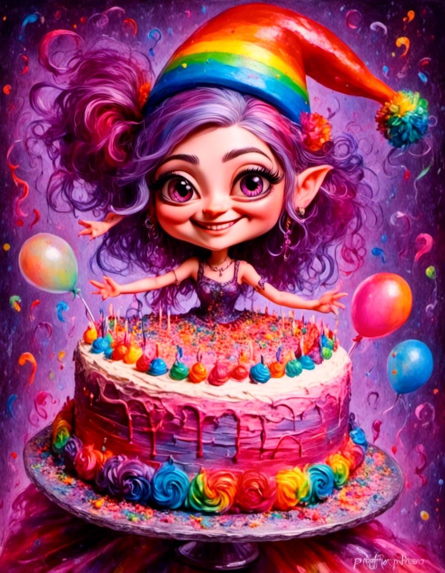 Chubby Pixie Woman Presents Birthday Cake as Oil Painting