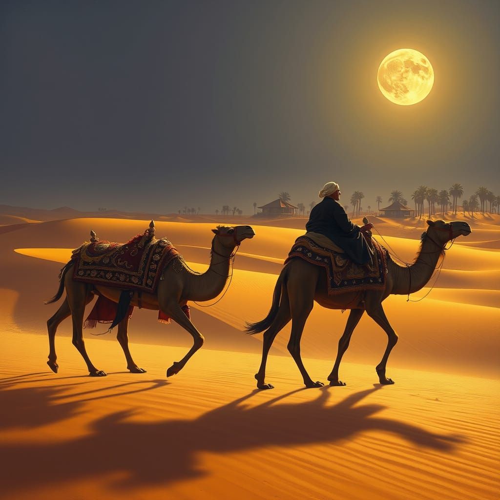 Majestic Camels Under Full Moon with Lush Oasis
