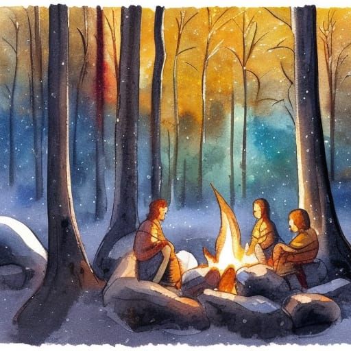 Aragorn by Campfire in Winter, Gouache Watercolor