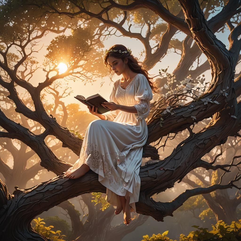 Girl Reading at Sunset: Fantasy Concept Art