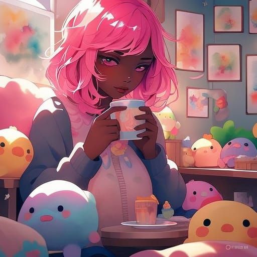 Vibrant Pink Hair Anime Girl in a Cozy Watercolor Cafe