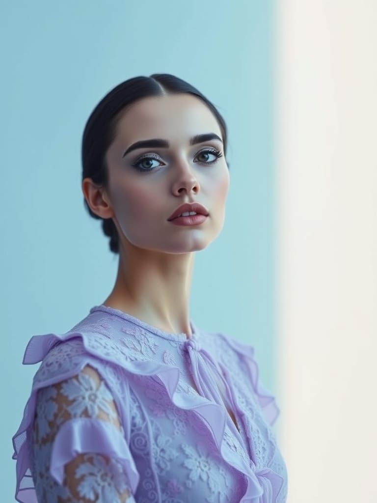 Ethereal French Model in Pastel Violet Haute Couture
