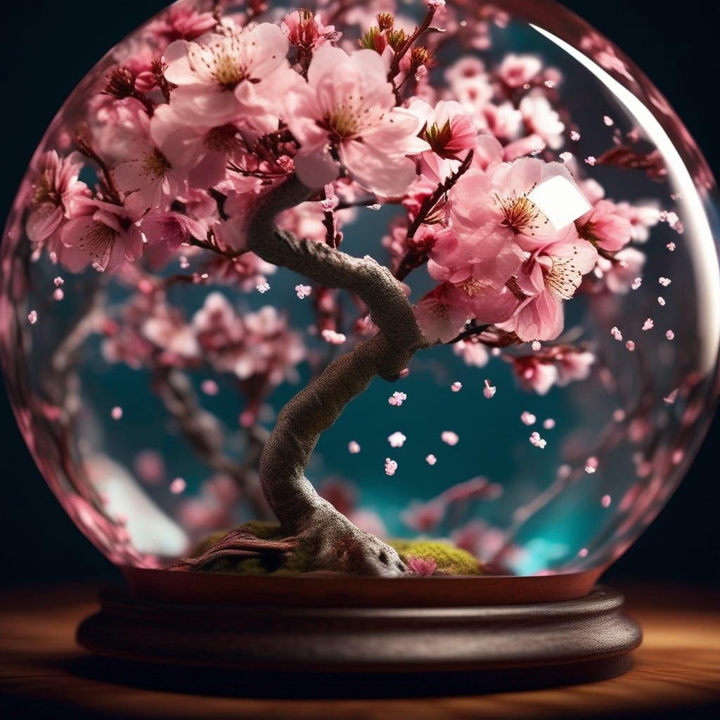 Cherry Blossom Bonsai in Glass Sphere: Photorealistic CGI