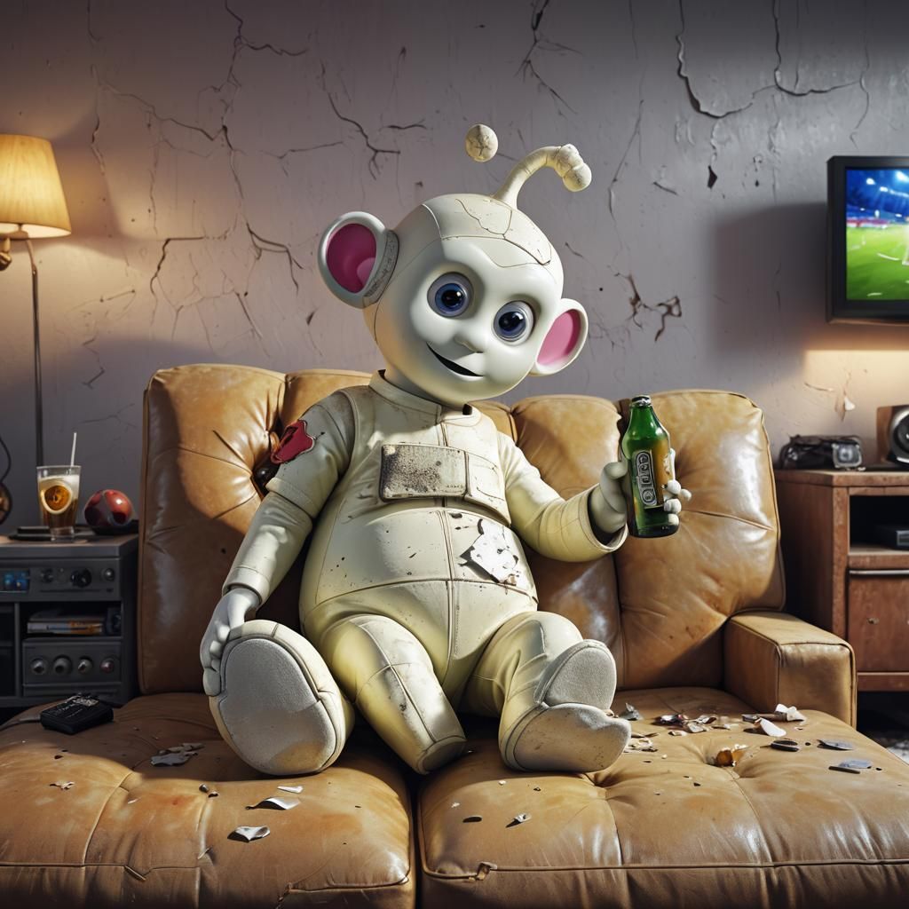 Albino Teletubby Watching Football: 3D Digital Art