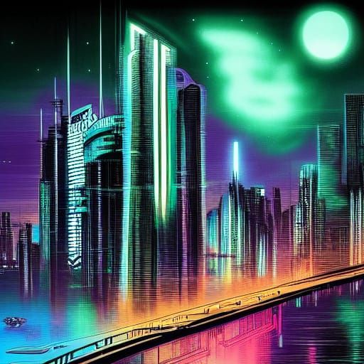 Cyberpunk Miami Skyline at Night in Comic Book Style