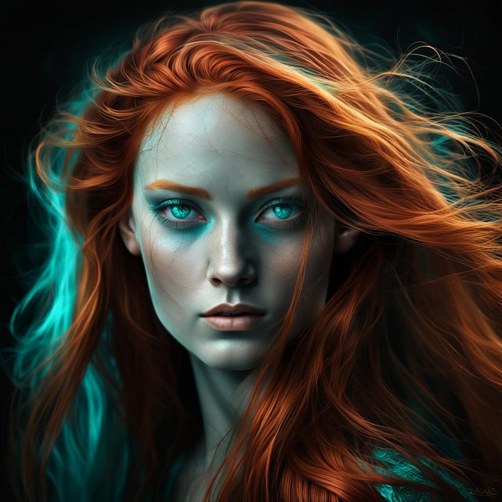 Ethereal Woman with Flowing Red Hair: Digital Portrait