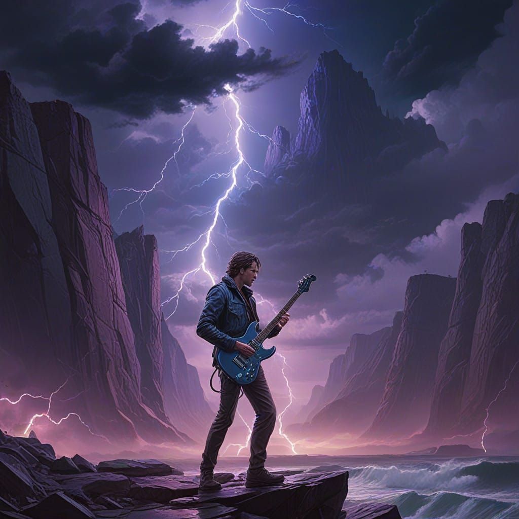 Cyberpunk Musician Stands at the Edge of a Futuristic Storm