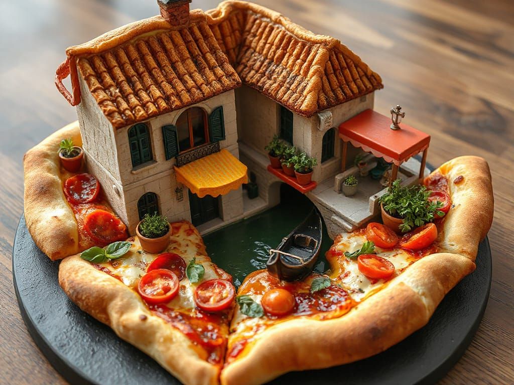 Mini Italian Town on Pizza Slice: Hyperrealistic 3D Art