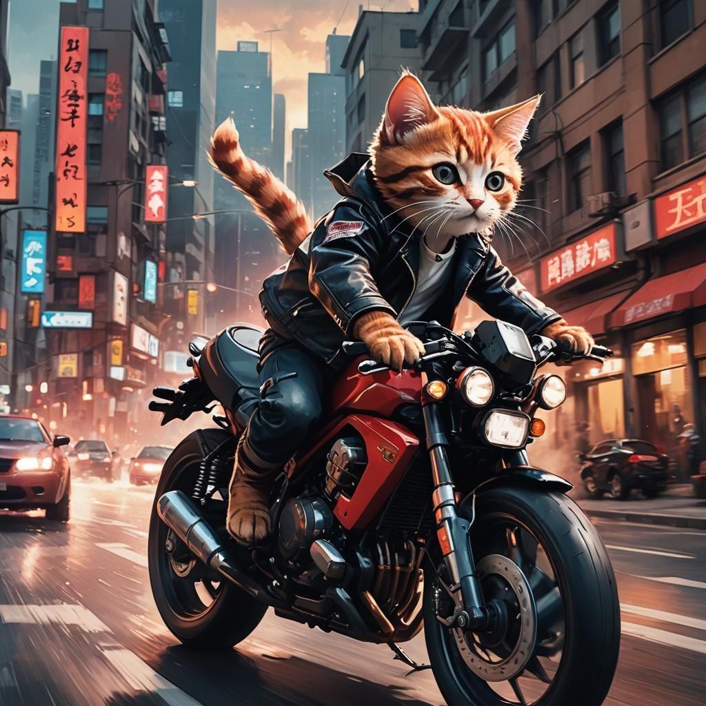 Kitten Rides Motorcycle in Anime Action Scene
