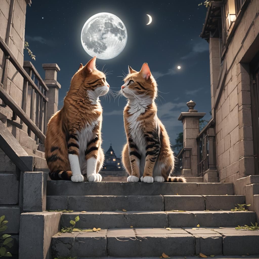 Cats Staring at Moon in 3D Anime Style